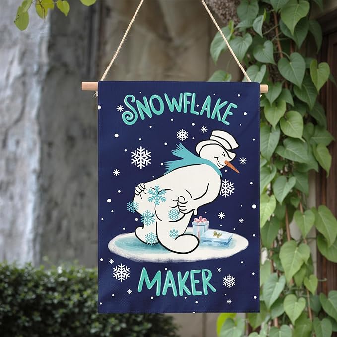 Winter Snowman Garden Flag Snowflake Maker Yard Flags Double Sided Christma Vertical Wall Banners Xmas Gift House Banner for Holiday Farmhouse Outdoor Decoration 28 x 40 Inch