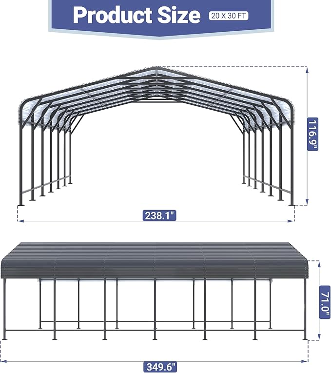Polar Aurora 20x30 FT Metal Carport with Heavy Duty Carport Canopy, Car Port with Upgraded Support Framework and Reinforced Base, Car Garage Shelter for Car, Boats and Truck