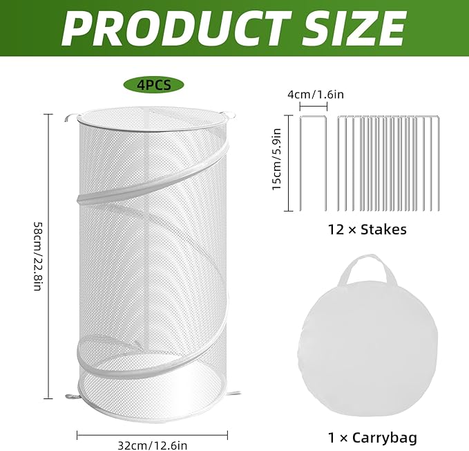 4 Pcs Pop up Plant Covers from Animals, 22.8" x12.6"Round Foldable Plant Covers, Garden Plant Protectors with Stakes for Outdoor Plants (White)