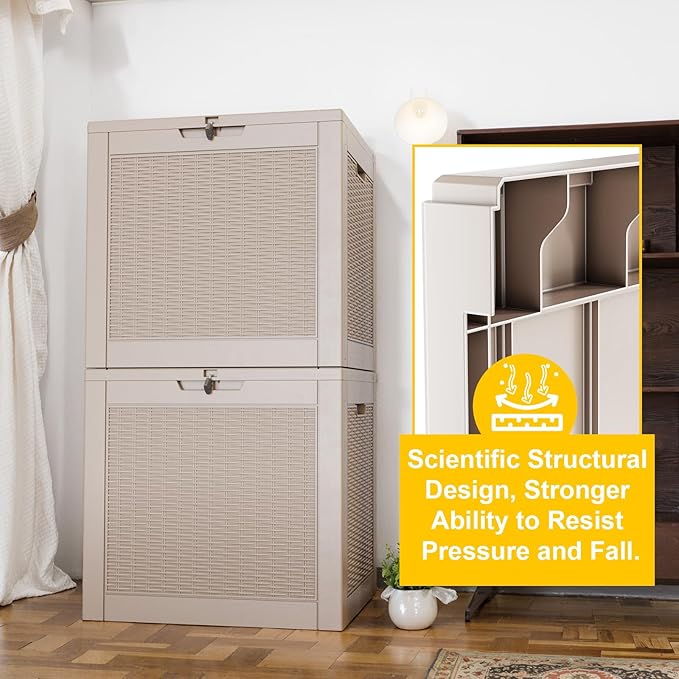 30 Gallon Wicker Pattern Resin Deck Box, Lockable Patio Outdoor Storage Box for Furniture, Garden Tools and Tools Storage, Waterproof Outside Storage Box - Grey Rattan