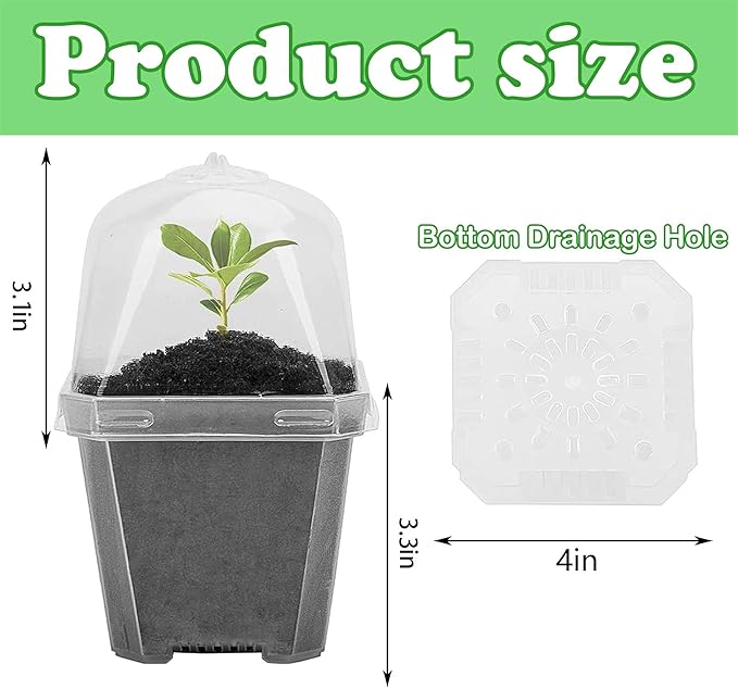 EBaokuup 4" Clear Plant Nursery Pots with Humidity Dome, 10PCS Plastic Gardening Pot Plant Container, Seed Starting Pot with Drain Holes for Seedlings/Vegetables/Succulents/Cuttings