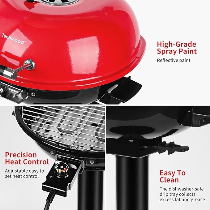 Electric BBQ Grill Techwood 15-Serving Indoor/Outdoor Electric Grill for Indoor & Outdoor Use, Double Layer Design, Portable Removable Stand Grill, 1600W (Stand Red BBQ Grills)