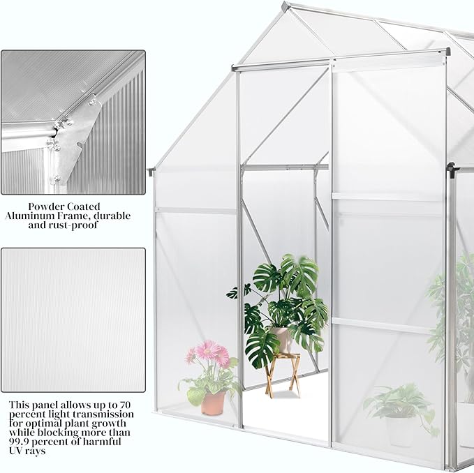 Greenhouse for Outdoors, 6x8 FT Heavy Duty Polycarbonate Greenhouse with 5 Roof Vents, Aluminum Large Walk-in Greenhouse for Outside Garden Backyard, Easy Setup, Silver