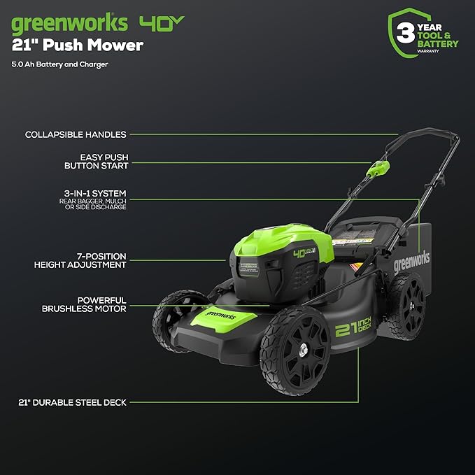 Greenworks 40V 21" Push Mower, 5.0Ah USB Battery