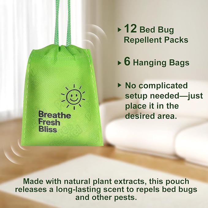 12 Pack Natural Bed Bug Repellent Pouches, Plant Based Long-Lasting 2 Month Protection Against Bedbugs, Dust Mites & Fleas, Safe for Mattress, Luggage, Furniture & Travel, No Residue Non-Toxic Formula