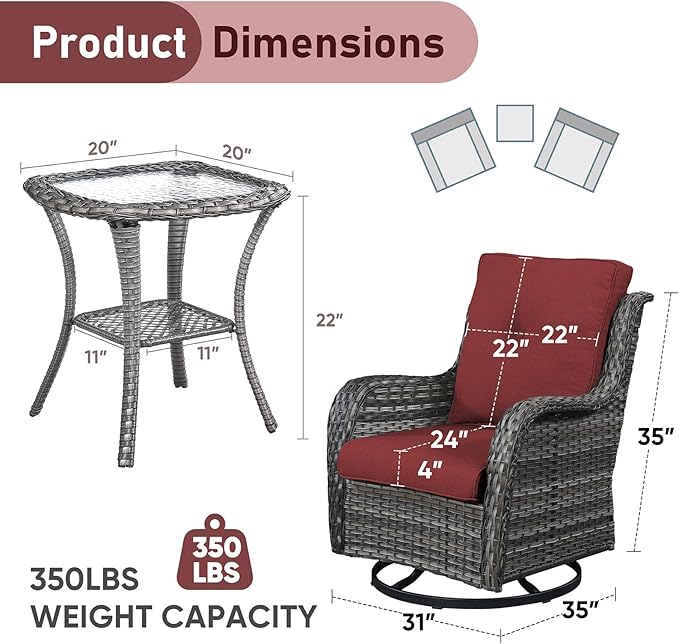 Patio Wicker Chairs Swivel Rocker,3 Pieces Patio Furniture Set with 360 Degree Wicker Swivel Rocking Chairs and Side Table for Garden,Porch,Backyard