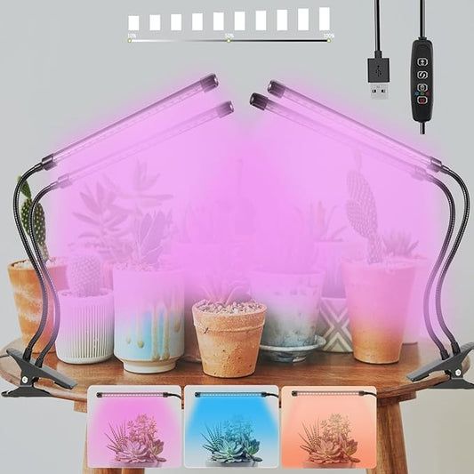Sunny Power Grow Lights for Indoor Plants Full Spectrum, 6000K LED Plant Lights for Indoor Growing, Clip on Grow Lights for Seed Starting, Adjustable Auto Timer 3 Lighting Modes for Succulents, 2 Head