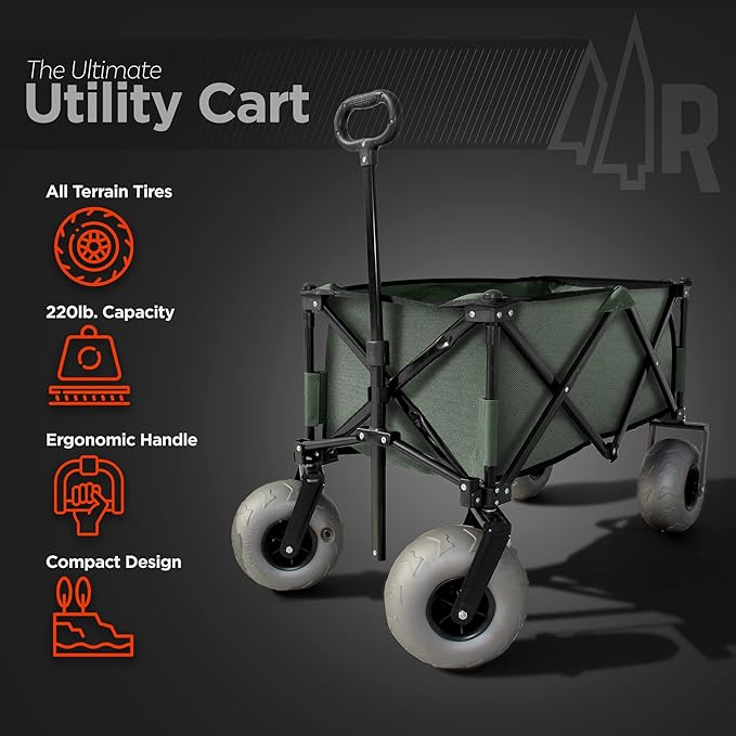 Beach Wagon with Big Wheels for Sand - All Terrain Steel Frame Utility Cart with 9" Pneumatic Tires, Collapsible Folding Design (Sand Warrior RX800 Green)