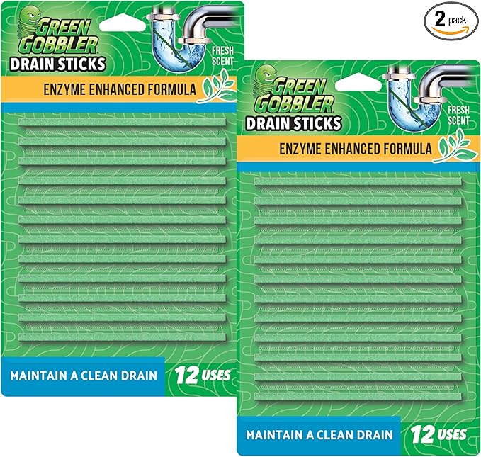 Green Gobbler Drain Cleaner & Deodorizer FRESH SCENT Sticks for Toilet Tanks, Sinks, Bathtub Drains, Washing Machine Drains and Garbage Disposals - 24 Pieces