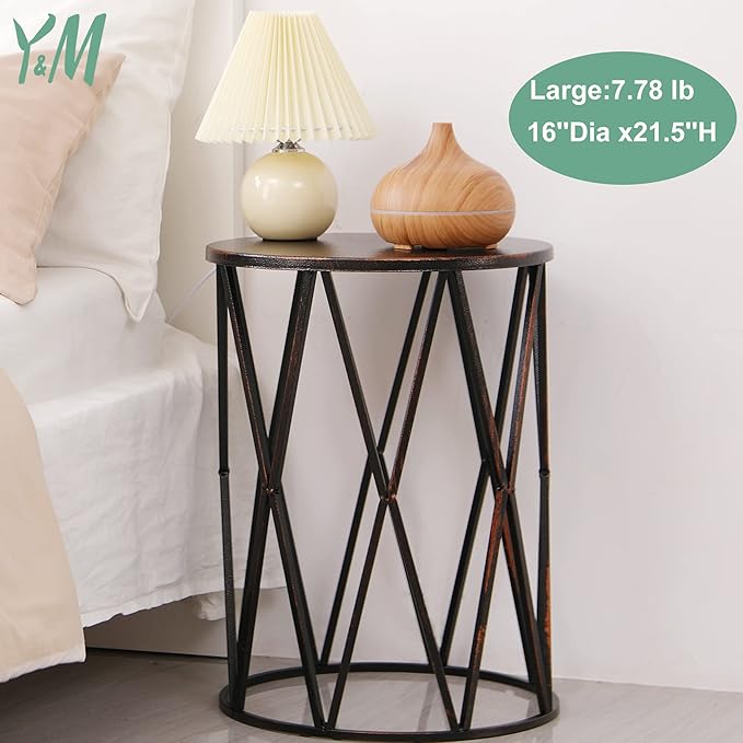 Y&M Set of 3 Heavy-Duty Round End Table, Side Table, Coffee Table for Indoor Multifunctional Use, Outdoor Decorative Garden Stool Plant Stand-Retro Black with Bronze (Ship from US)