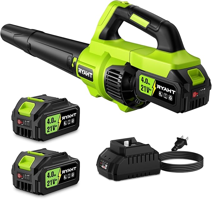 RYAHT Leaf Blower Cordless, 21V Powerful Electric Leaf Blower with 2 X 4.0Ah Batteries and Charger, 2 Speed Modes, Handheld Lightweight Leaf Blowers for Lawn Care, Patio, Dust, Blowing Leaves- Green