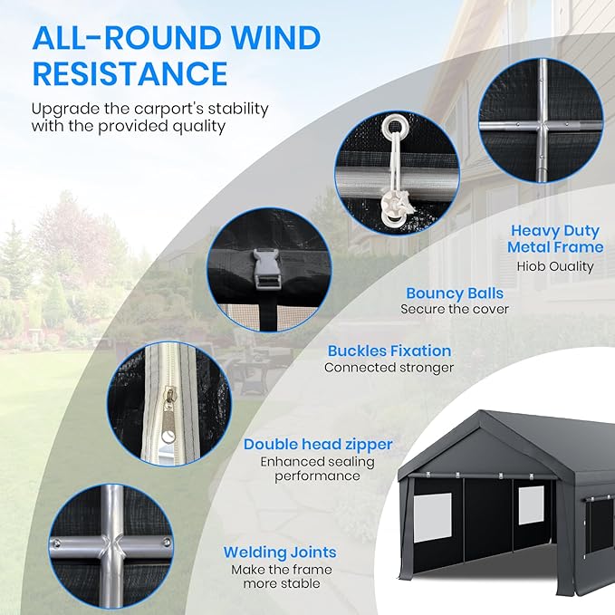 Carport 10x20 Heavy Duty Portable Garage,Carport Canopy with Roll-Up Windows & Doors,Portable Garages and Shelters with Removable Sidewalls,Car Tent Garage with All-Season Tarp for Truck Tractor Bike