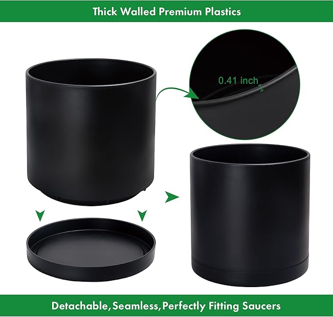 D'vine Dev 16 Inch Black Plastic Planter Pots for Plant Pot with Drainage Hole and Seamless Saucers, 74-X-B-5