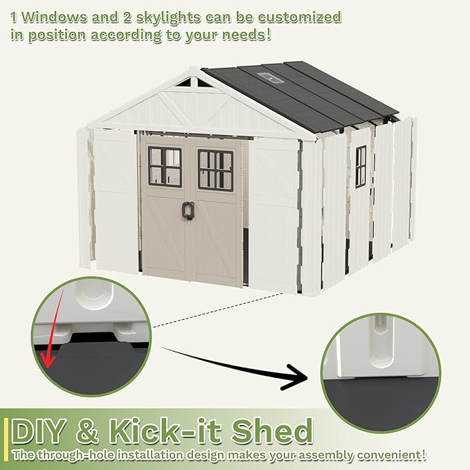 Greesum 10×8 FT Plastic Outdoor Storage Shed with Floor and Lockable Door, Resin Sheds with Windows and Skylights, Weather Resistant Organization for Garden, Lawn, Pool Supplies, Beige