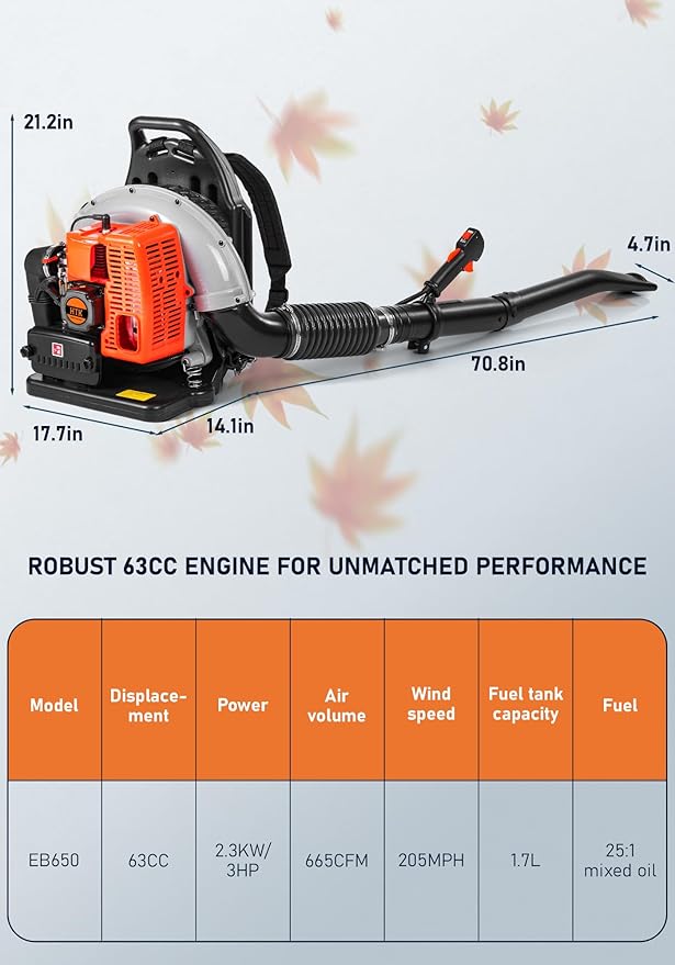 HTK Backpack Blower, 63CC Gas Powered Leaf Blower with 665 CFM & 205 MPH for Commercial Lawn Care, Yard Debris & Snow Removal