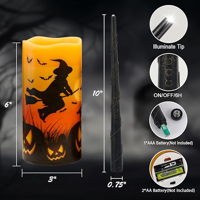 DRomance Halloween Flameless Candles with Magic Wand Remote and Timer, Battery Operated LED Flickering Pillar Candles Real Wax Castle Witch Bats Halloween Decoration Indoor(3 Pack, 3 x 6 Inches)