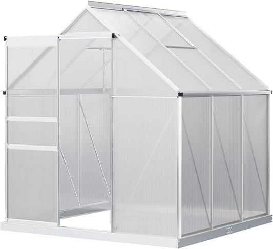 Outsunny 6' x 6' x 6.5' Polycarbonate Greenhouse with Adjustable Roof Vent, Walk-in Heavy Duty Green House Kit with Aluminum Frame, Sliding Door and Rain Gutter for Winter, Silver
