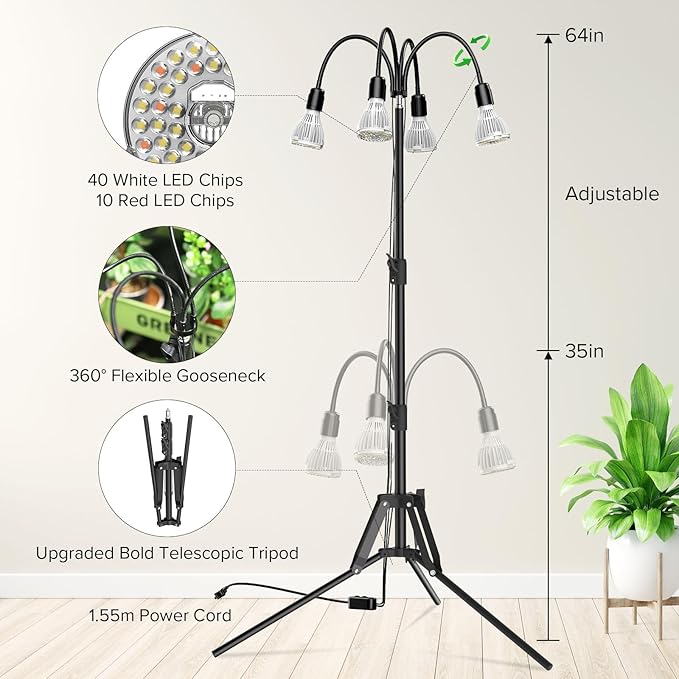 SANSI Upgraded 120W Grow Light with Adjustable Tripod Stand, 5000K 660nm Full Spectrum 900W Equiv. LED Floor Plant Light for Indoor Plants, Grow Lamp with Replaceable Bulbs for High PPFD Growing