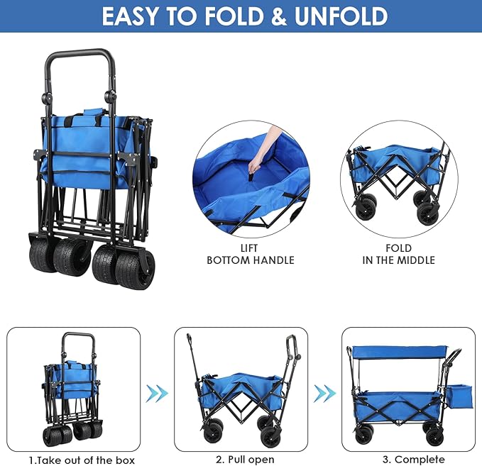 AthLike Extra Large Collapsible Wagon w/Removable Canopy, 250lbs/262L Capacity Foldable Garden Cart w/Rear Storage, Heavy Duty Push&Pull Utility Camping Beach Stroller w/Big Wheel&Adjustable Handles