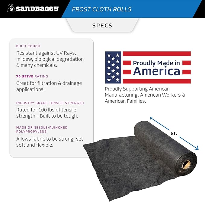 Sandbaggy Frost Cloth Rolls (6 ft x 100 ft) | Winter Cover for Shrubs, Trees, Gardens | Plant Blanket, Freeze Protection | Black, 4 oz Polypropylene (1 roll)