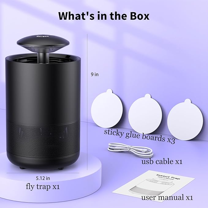 Tirgo Indoor Insect Trap Fan Catcher for Mosquito, Gnat, Fruit Fly, Moth, Flies, Portable UV Light Flying Insects Killer House Kitchen, Garage, Camping, etc.