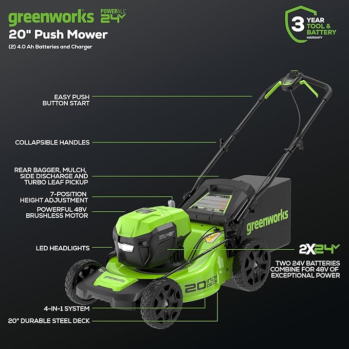 Greenworks 48V (2 x 24V) 20" Brushless Cordless (Push) Lawn Mower (LED Headlight), (2) 4.0Ah Batteries and Dual Port Rapid Charger Included (125+ Compatible Tools)