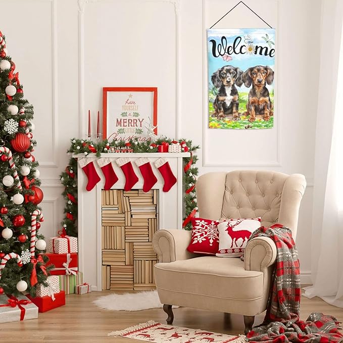 Cute Dachshund Dog Puppy Lovers Spring Flowers Florals Garden Flag Welcome Party Outdoor Outside Decorations Picks Home House Garden Yard Decor 12x18 Inch