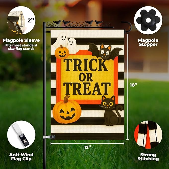 Halloween Garden Flag 12x18 Double Sided – Trick or Treat Yard Flag with Pumpkins, Ghosts, Bat, Cat – Fall Outdoor Burlap Halloween Flag for Garden or Lawn