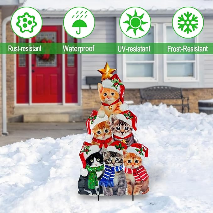 Metal Cats Christmas Tree Yard Sign,Cat Decorations Outdoor,Christmas Lawn Sign,Pet Theme Holiday Decor for Garden,Patio,and Pathway