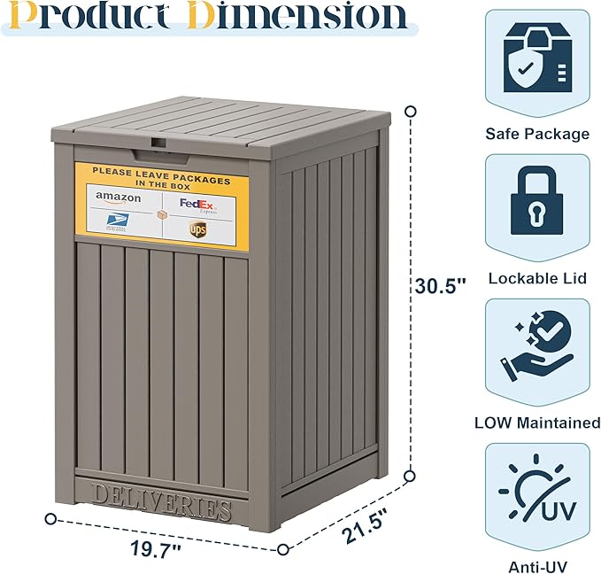 49 Gallon Package Delivery Boxes for Outside, Outside Storage Box Waterproof with Sign, Lockable Storage Box, Large Double-Walled Resin Weatherproof Deck Box for Porch and Patio, Grey