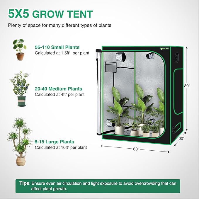Yesker 5x5 Grow Tent 60"x60"x80" High Reflective Mylar Large Indoor Growing Tents 600D Oxford Cloth with Observation Window and Removable Floor Tray for Hydroponics Indoor Plants Fruit Flower Growing