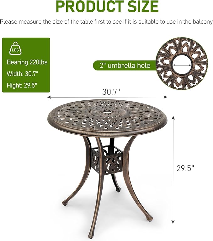 Outvita Patio Side Table, 30.7in Outdoor Round Cast Aluminum Bistro Table with Umbrella Hole and Antique Design for Backyard Porch Pool Balcony Deck Bronze
