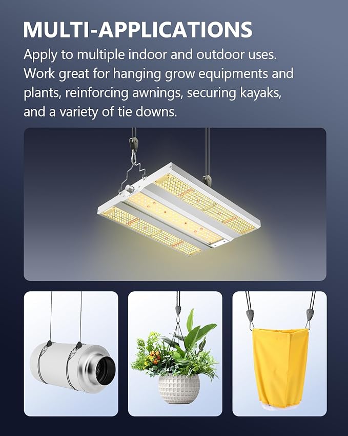 VIPARSPECTRA Retractable Heavy Duty Ratchet Tie Down Straps [2 Pack, 8ft, 75lbs/Pack], Rope Pulley System with Carabiner Hook for Hanging Plants/Grow Light/Tents Various Tie-Down Uses