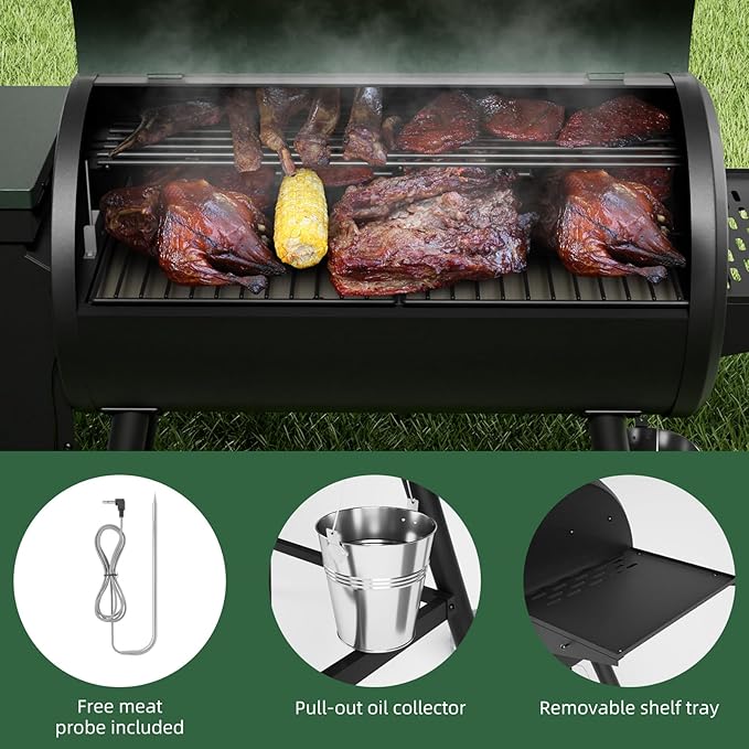 Wood Pellet Smoker BBQ Grill with Latest PID Technology LCD Controller 8 In 1 Pellet Grill with Auto Temperature Control and Meat Probe, 565 SQ.IN Cook Area for Home Party