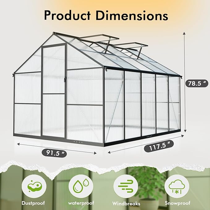 8×10FT Greenhouse for Outdoors, Large Walk in Greenhouse Kit and Winter Garden Planting, Enhanced Aluminum Green Houses for Outside Withstands Strong Wind or Heavy Snow to Protect Vegetables or Plants