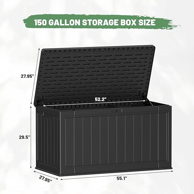 Greesum 150 Gallon HDPE Outdoor Storage Box - Waterproof, Large Capacity Deck Box with Removable Dividers for Patio, Yard, Garden Tools, Black