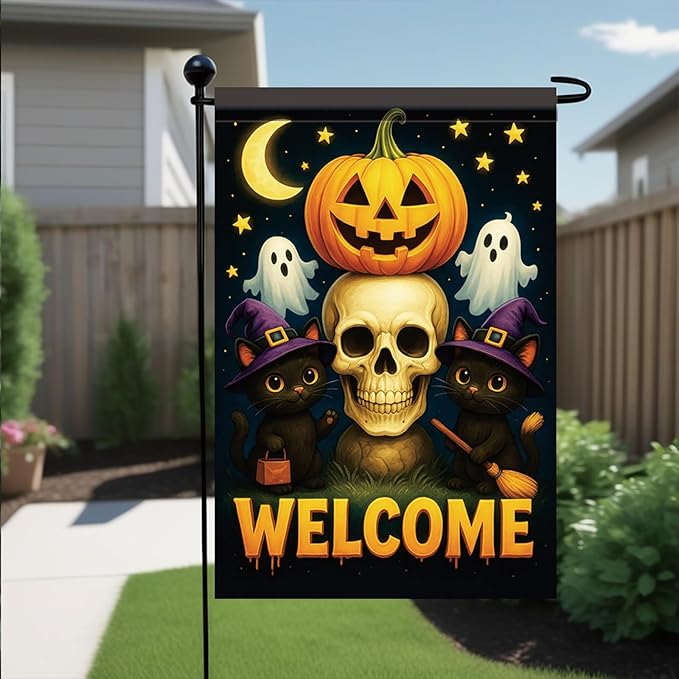 Halloween Garden Flag Pumpkin Skull Witch Hat Ghost Flag 12x18 Inch Double Sided Outdoor Yard Banner for Trick or Treat Haunted House Spooky Halloween Decoration Decor