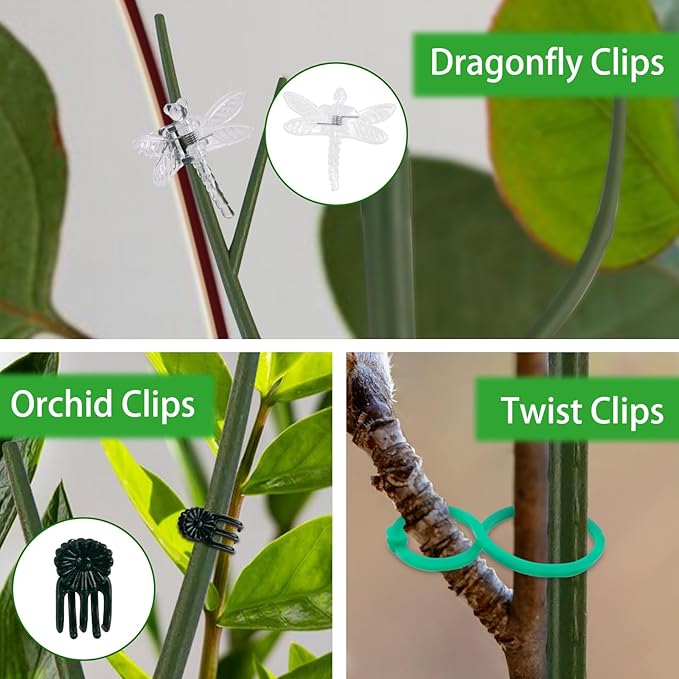 Plant Support Stakes Set 6 Pack 28.5" Detachable Twig Monstera Plant Support Sticks with Dragonfly Clips Orchid Clips, Stackable Green Branch Trellis for Climbing Potted Plants Indoor Outdoor