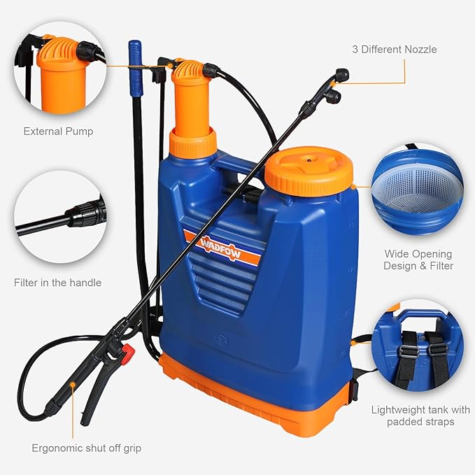 WKS1516 4.2 Gallon Backpack Sprayer with Manual Pump, 3 Optional Nozzles, Padded Shoulder Strap, for Pests & Weeds, Watering, and Spraying Plants