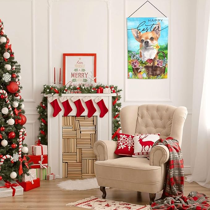 Happy Easter Chihuahua Dog Flowers Eggs Bunny Garden Flag Welcome Party Outdoor Outside Decorations Picks Home House Garden Yard Decor 12x18 Inch