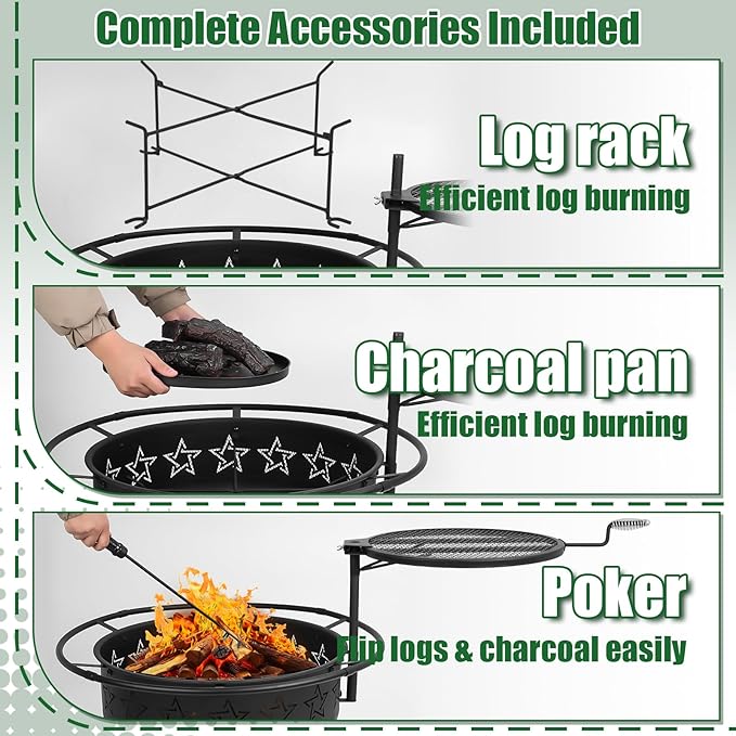 31" 2-in-1 Wood Burning Fire Pit with Swivel BBQ Grills & Spark Screen for Outside - Heavy Duty Outdoor Firepit with Charcoal Pan, Log Rack & Poker - for Backyard, Patio, Garden Bonfire