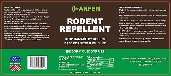Rodent Repellent Spray – Effective Natural Peppermint Formula for Mice, Rats, Squirrels, and Rodents. Safe for Indoor, Outdoor, and Car Engines. Safe for People and Pets. 16oz