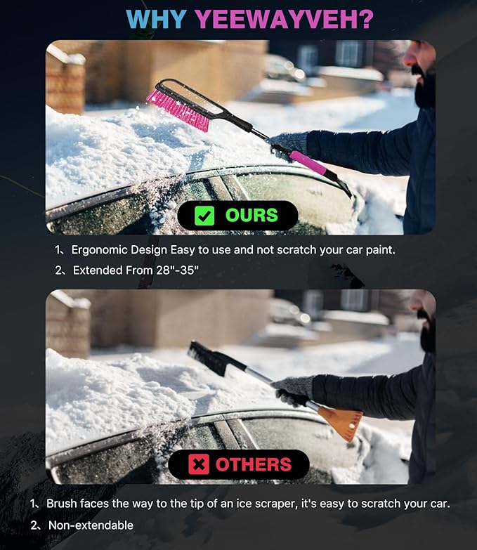 YeewayVeh 35 inch Snow Brush and Ice Scraper for Car Windshield, Extendable Snow Brush for Car with Soft Grip & Additional Handhold, 2 in 1 Detachable Snow Scraper for Car Truck SUV Vehicle, Magenta