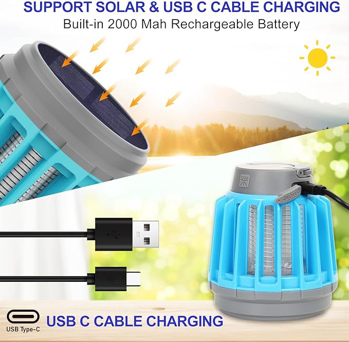 Wisely Bug Zapper Outdoor/Indoor Solar and USB-C Rechargeable Portable Insect Bug Zapper Indoor and Outdoor, Trap, 3-Pack