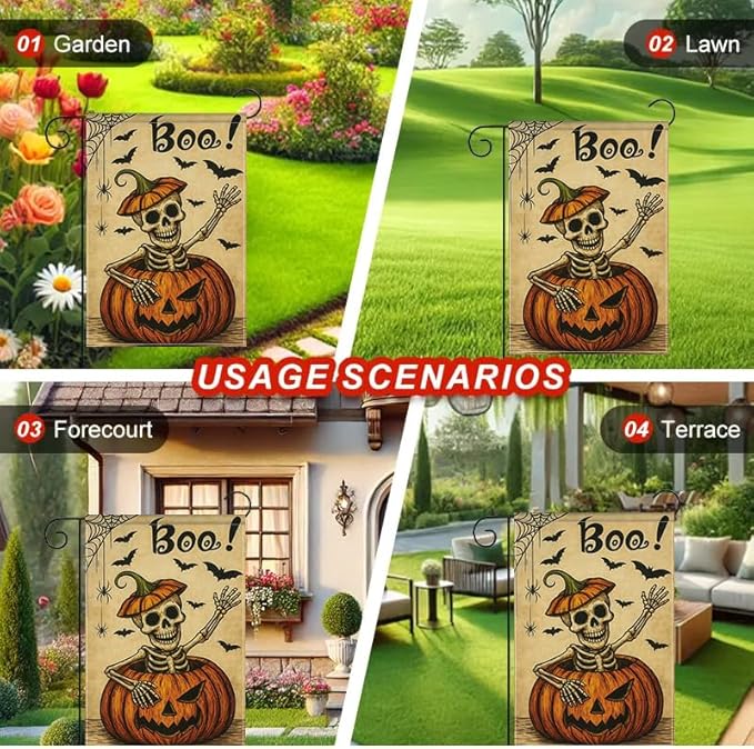 Halloween Garden Flag 12x18 Inch Boo Skeleton Pumpkin Yard flag Double Sided Spooky Outdoor Lawn Porch Patio Party Decoration Holiday Decor