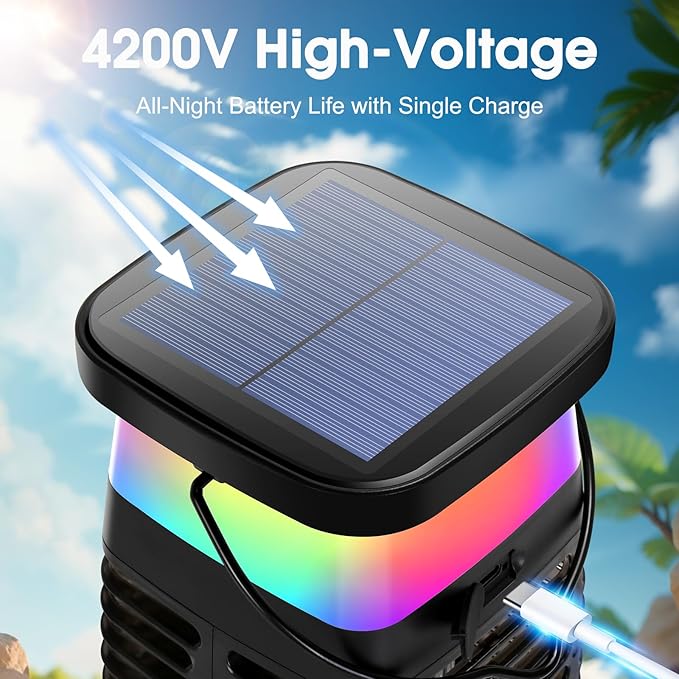 Portable Fly Trap for Indoor & Outdoor, Handheld Outdoor Bug Zapper - 4200V High-Voltage Electric Mosquito Killer with UV Light, IP68 Waterproof, USB-C & Solar Charging, 4000mAh Battery