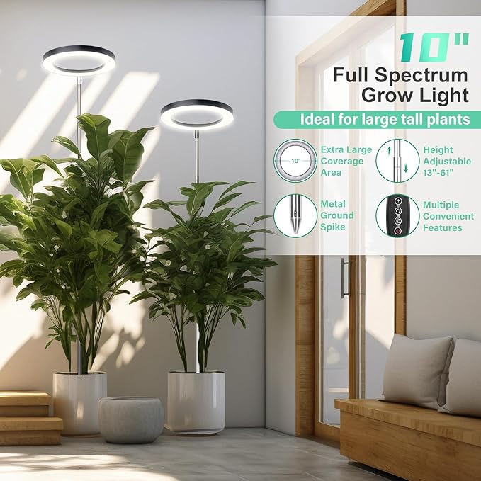 LORDEM 10" Full Spectrum Plant Light, 160 LEDs Large Grow Light for Indoor Tall Plants, Growing Lamp with 4/8/12H Auto Timer, 10 Dimmable Levels, 3 Spectrum Modes, 65" Height Adjustable, Pack of 2