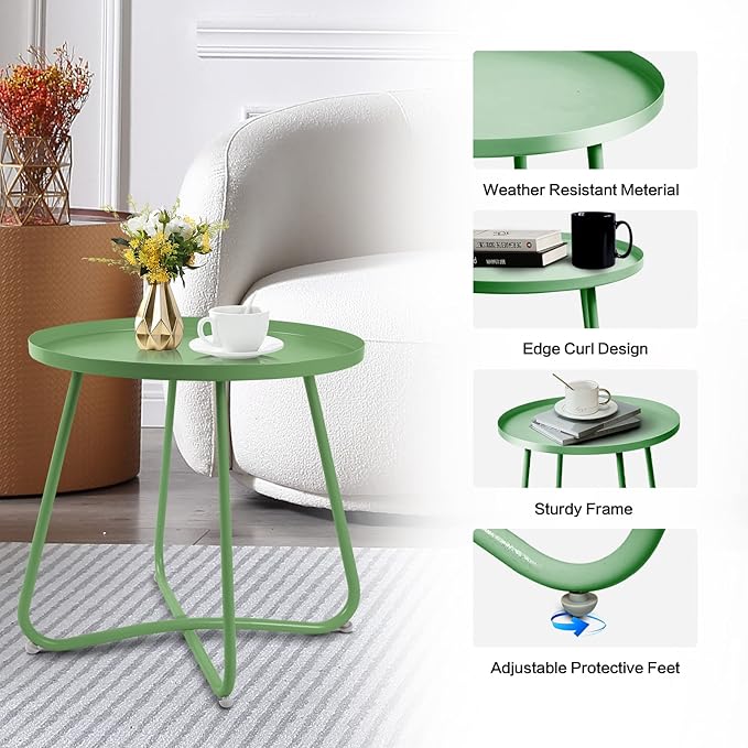 Babion Green Outdoor Side Table, Small Round Patio Accent Table for Yard & Garden, Indoor & Outdoor