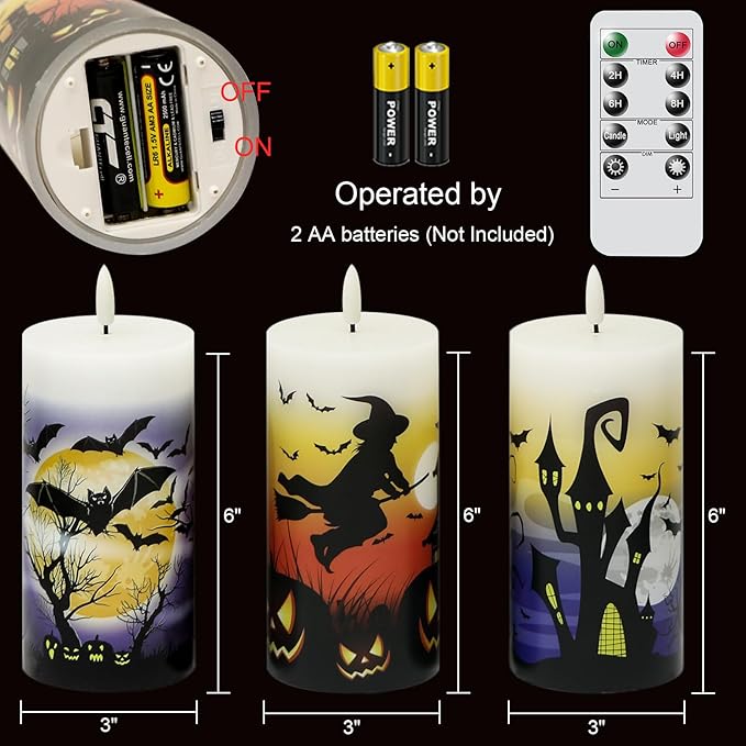 DRomance Halloween Flameless LED Candles Battery Operated with Remote and Timer, Real Wax Flickering Pillar Candles 3D Wick Dimmable Light Castle Witch Bats Halloween Decor(3 Pack, 3 x 6 Inches)