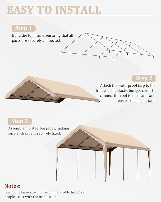 Carport Canopy Replacement Cover 12x20 Heavy Duty Outdoor Portable Car Canopy Oxford Waterproof UV & Tear Resistant Garage Canopy with Ball Bungees (Frame is Not Included)